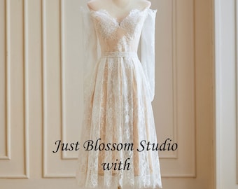 off the shoulder knee length wedding dress V-neck Off-shoulder Classic Jacquard Tea-Length Pockets Bridal Dress