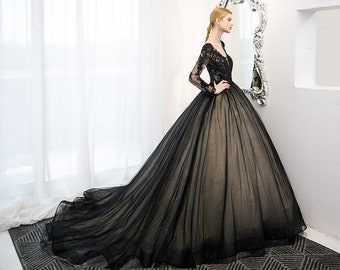 Midnight Sparkle Black & Champagne Ball Gown Gothic Wedding Dress with Long Sleeves Open Back Corset Lace