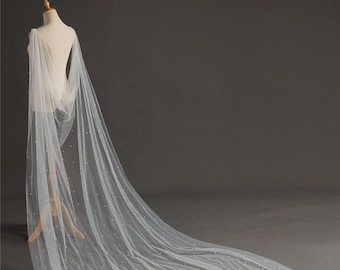 May include: A white tulle wedding veil with a beaded design. The veil is draped over a mannequin and has a long train.