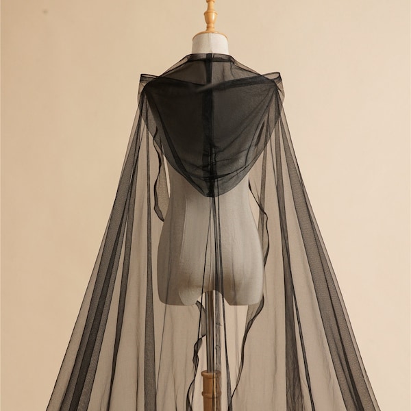 Velo largo nupcial de tul suave con capa negra Simple estilo Witchy de medianoche longitud real