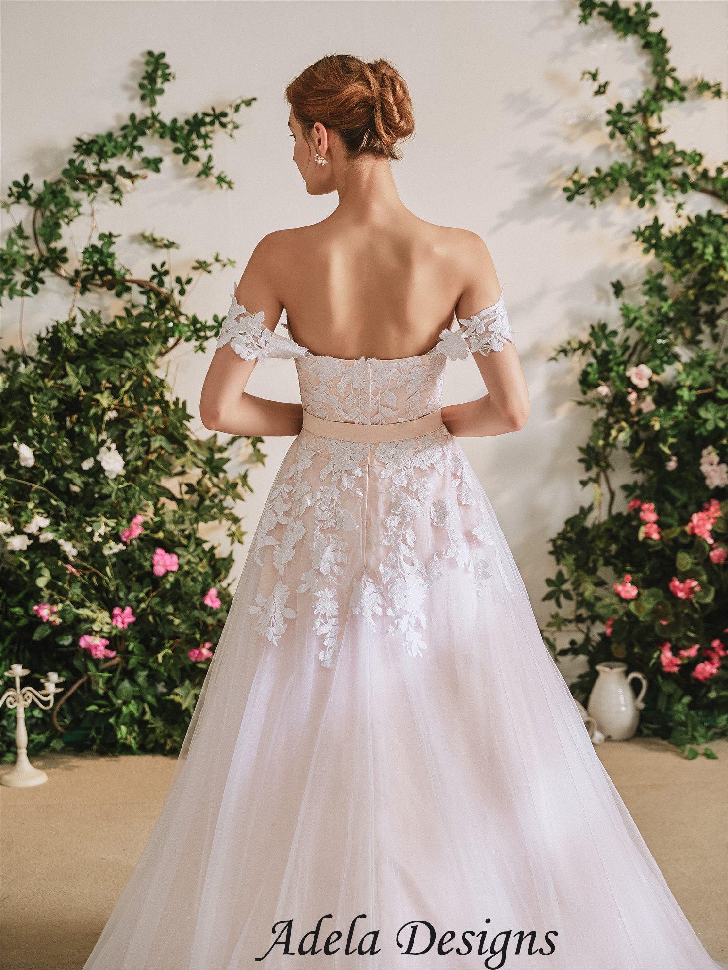 Blushing Pink Floral Lace Tulle A-line Wedding Dress off the Shoulder Sleeveless With Open Back - Etsy Blushing Pink Floral Lace Tulle A-line Wedding Dress off the Shoulder Sleeveless With Open Back - Etsy