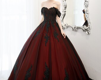 Dark Red Black Gothic off the Shoulder Open Back Bridal Ball Gown Black /  Custom Available - Etsy