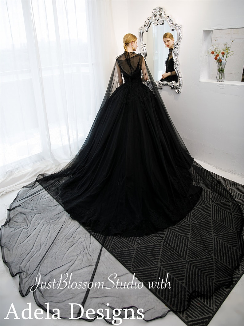 May include: A black tulle ball gown with a high neck and a cape. The gown has a fitted bodice and a full skirt. The model is standing in front of a mirror, and the gown is flowing behind her.