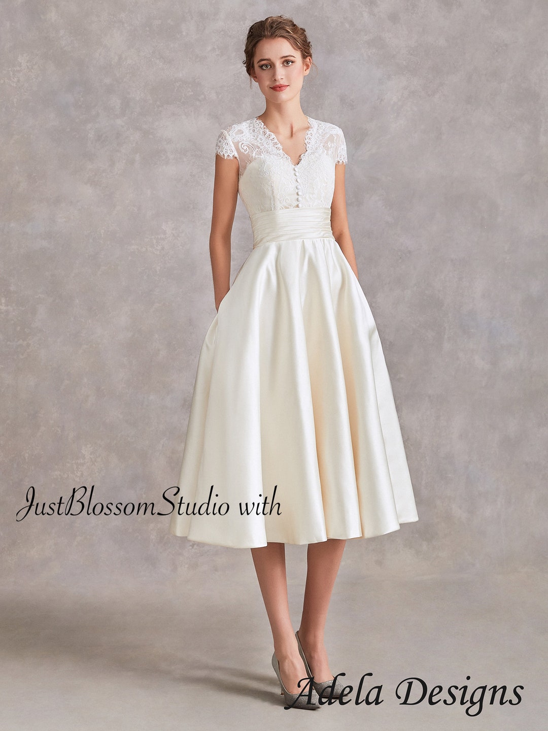 Vintage Short Wedding Dress Tea Length Lace Midi Classic With Cap ...