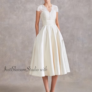 Vintage Short Wedding Dress Tea Length Lace Midi Classic with Cap Sleeves and Pockets