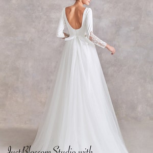 Long Sleeve Lace Low Back Boho Wedding Dress Tulle Skirt Removable Belt Minimalist