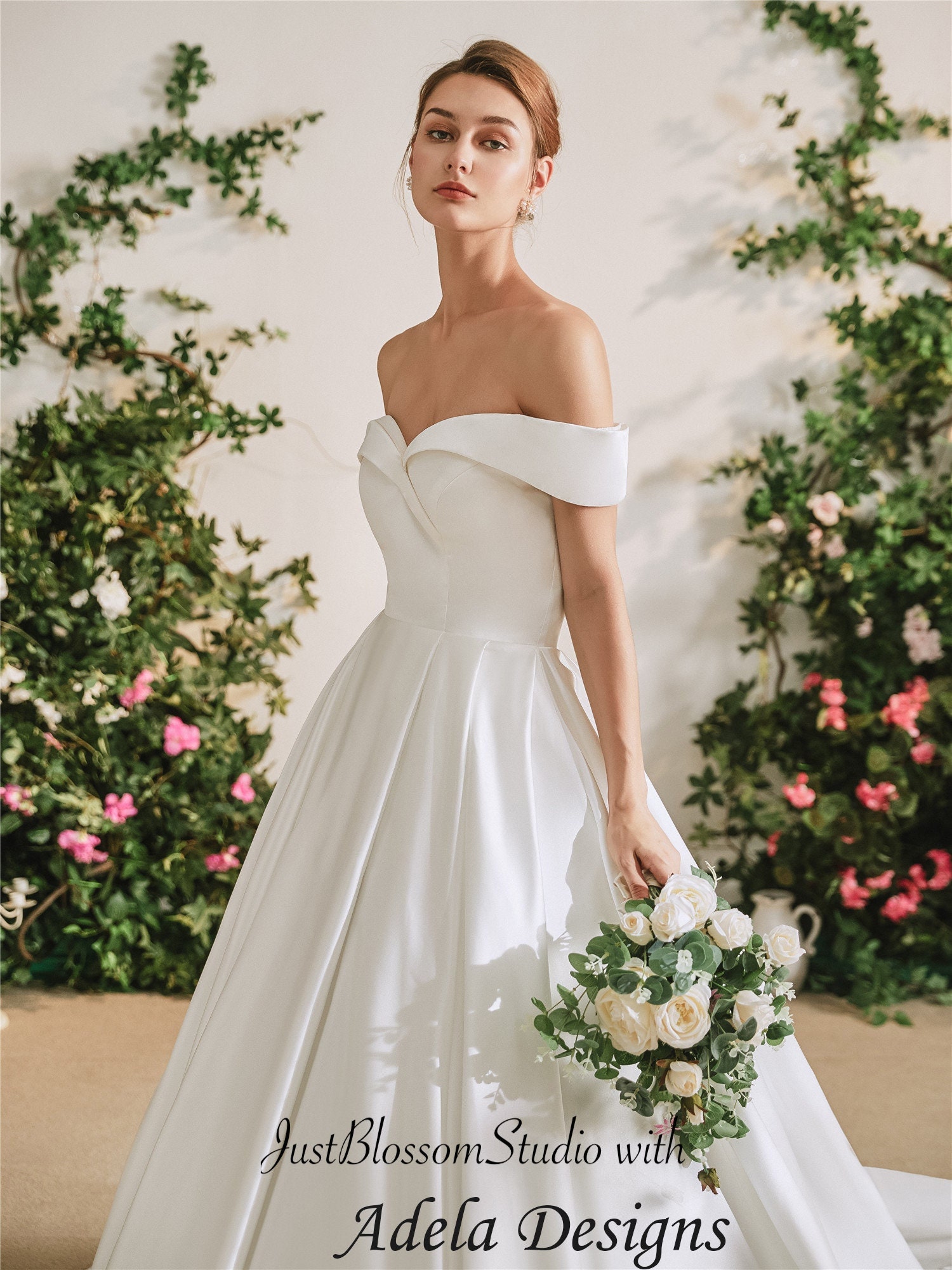 Off the Shoulder Ball Gown Satin Wedding Dress Sleeveless With Buttons ...