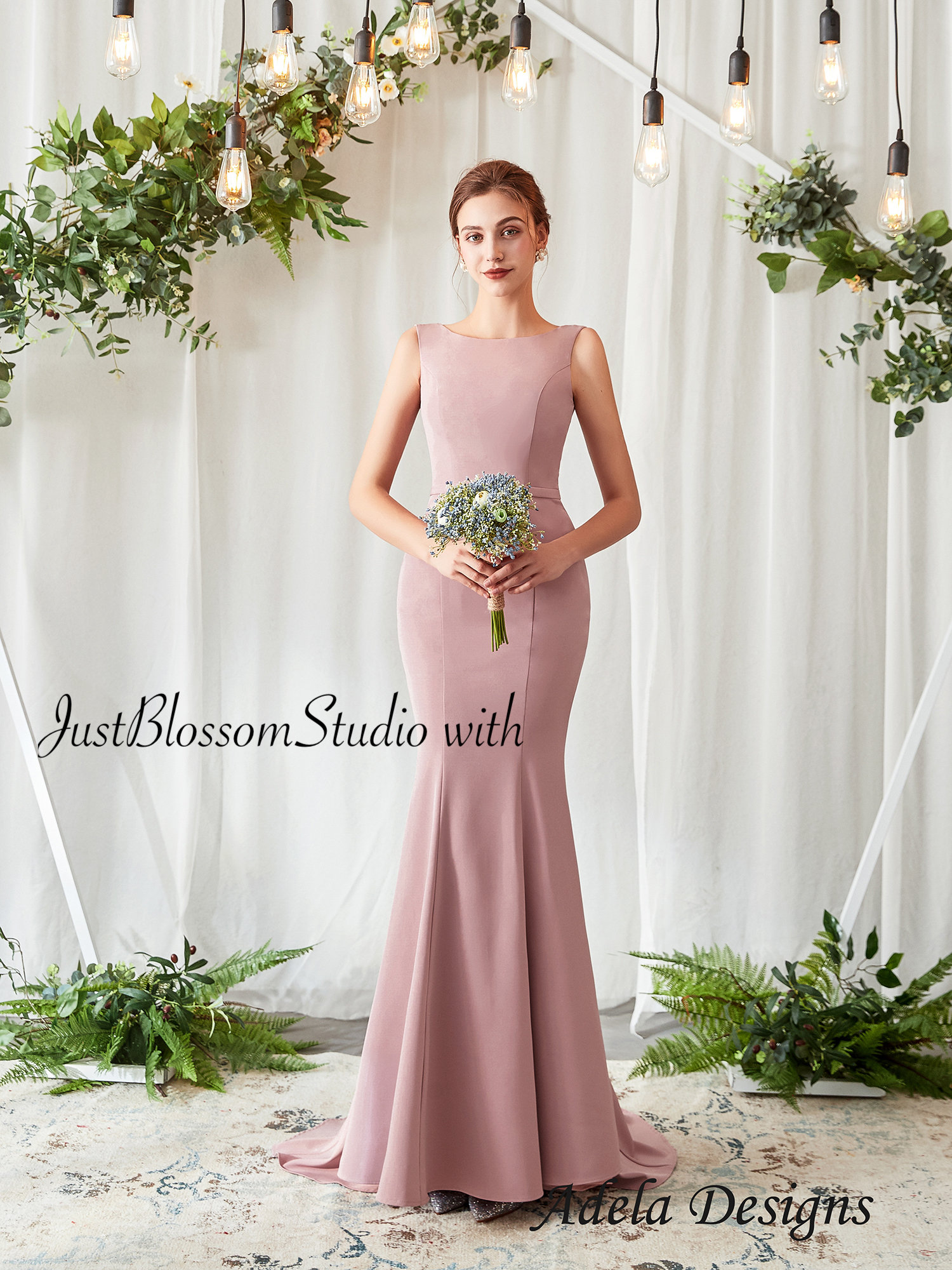 Dusty Pink Sleeveless Stretch Mermaid Fitted Sweep Train Prom Evening Bridesmaid Dress-Sale-US Size 4