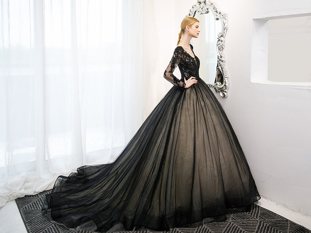 Black & Champagne Gothic Ball Gown: Long Sleeve Lace Wedding Dress - Etsy Black & Champagne Gothic Ball Gown: Long Sleeve Lace Wedding Dress - Etsy