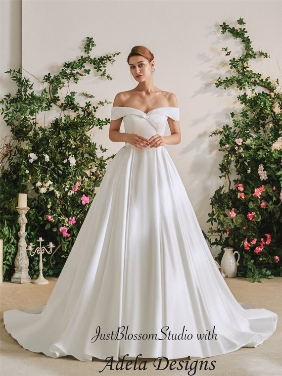 Off the Shoulder Ball Gown Satin Wedding Dress Sleeveless With Buttons and Pockets Etsy Australia
