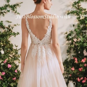 Pink Boho A-Line Tulle Wedding Dress with Sequined Lace Sleeveless Deep V Open Back Short Train