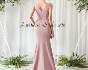 Dusty Pink Sleeveless Stretch Mermaid Fitted Sweep Train Prom Evening Bridesmaid Dress-Sale-US Size 4
