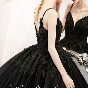 Black Lace Ball Gown Gothic Black Wedding Dress V Neck Cape Open Back Satin Ball Gown Petticoat included