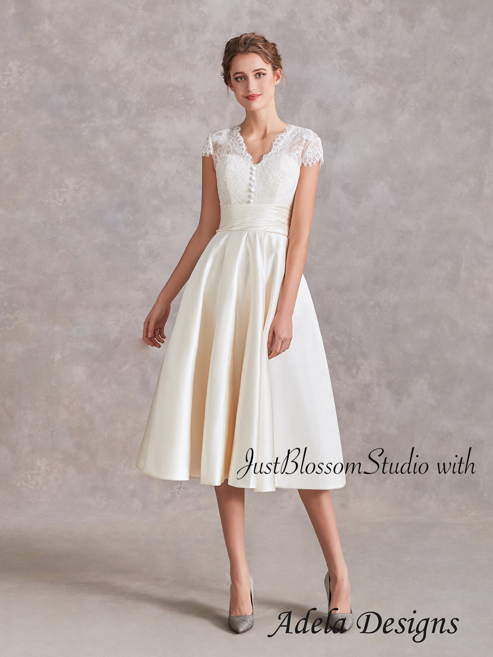 Vintage Short Wedding Dress Tea Length Lace Midi Classic With Cap ...