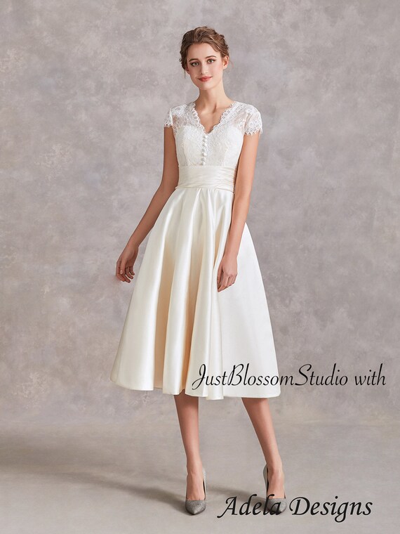 Vintage Short Wedding Dress Tea Length Lace Midi Classic With Cap Sleeves  and Pockets