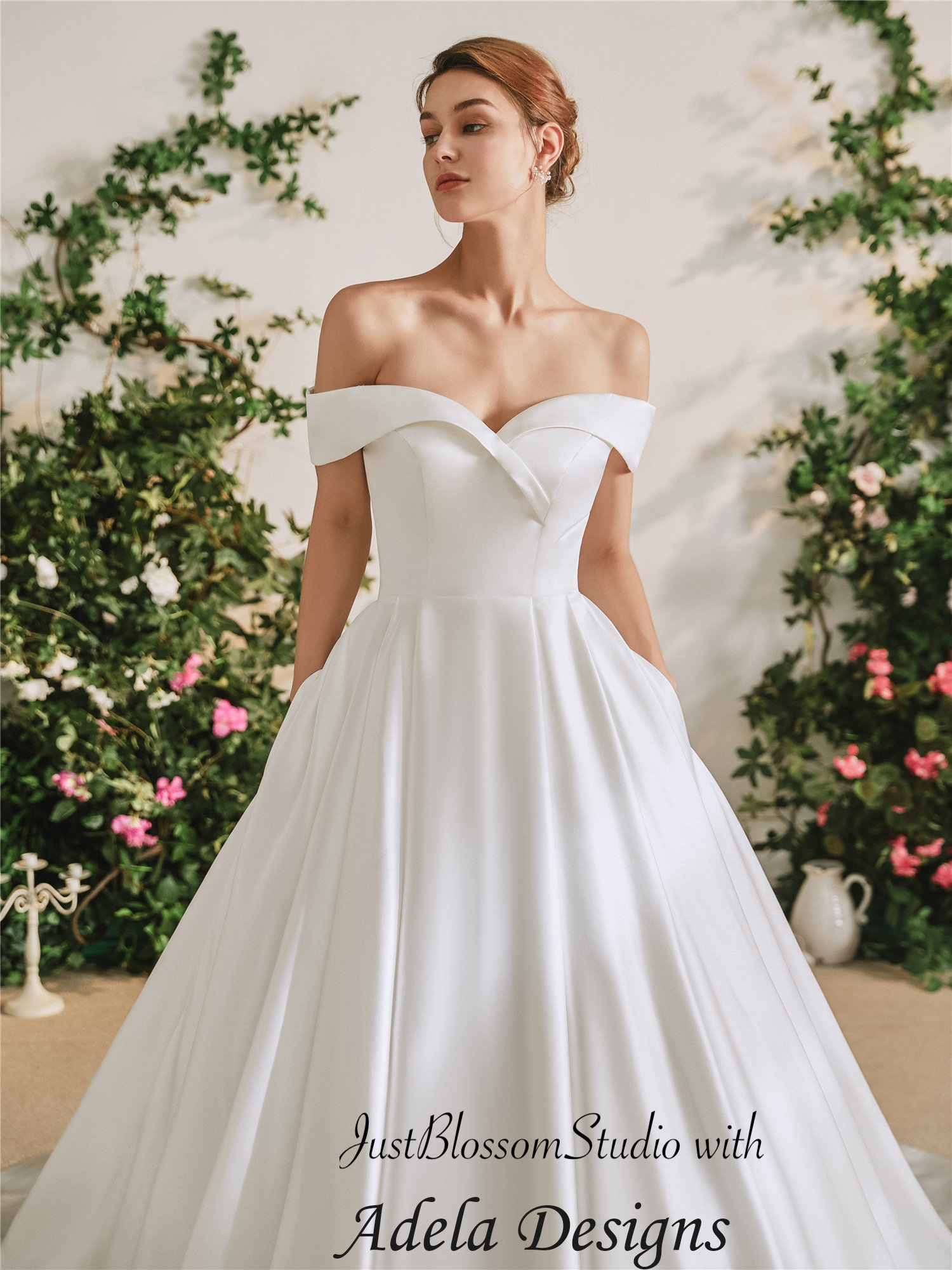 Off the Shoulder Ball Gown Satin Wedding Dress Sleeveless With Buttons ...