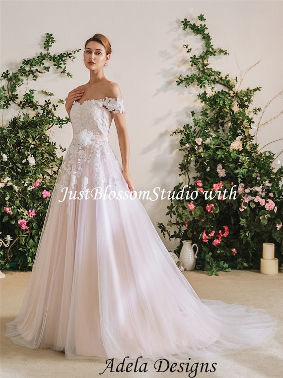 Blushing Pink Floral Lace Tulle A-line Wedding Dress off the Shoulder  Sleeveless With Open Back - Etsy