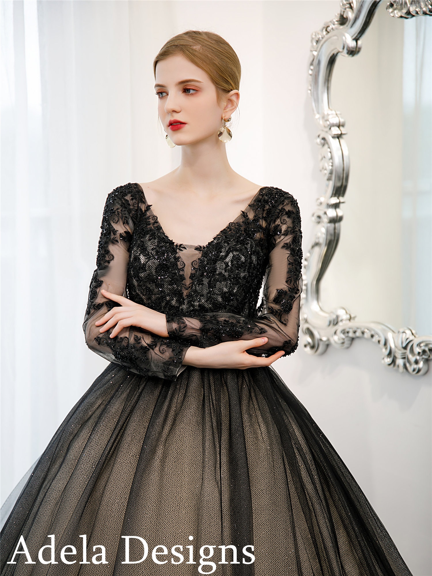 Black & Champagne Gothic Ball Gown: Long Sleeve Lace Wedding Dress - Etsy