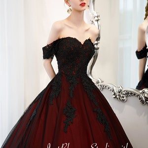 Dark Red Black Gothic Wedding Dress Off The Shoulder Open Back Bridal Ball Gown
