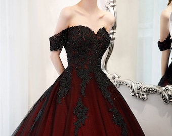 women's dark red and black off the shoulder dress vampire Vampire Art Victorian Red & Black Lace Women's Off-shoulder Back Lace-up  Dress