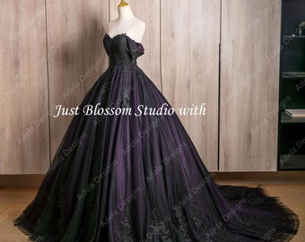 Dark Purple/Green Black Gothic Off The Shoulder Open Back Bridal Ball Gown/ Custom Color Available
