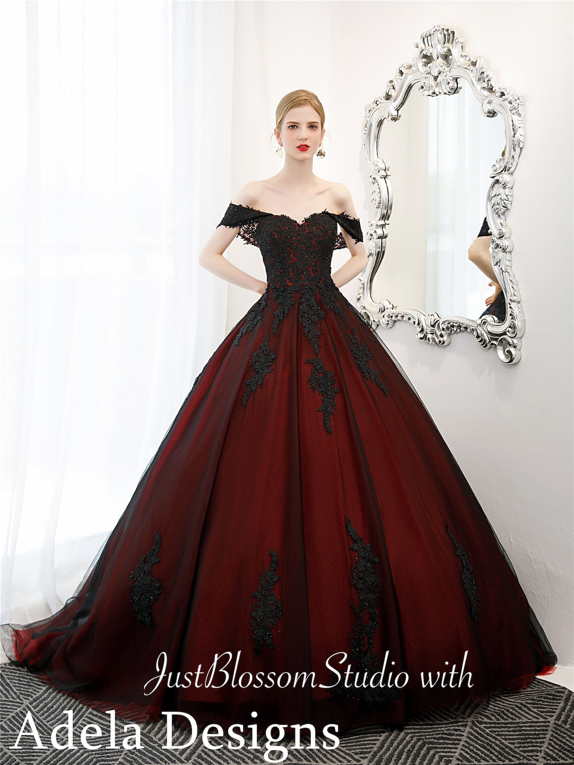 Dark Red Black Gothic Wedding Dress Off The Shoulder Crystal image 2