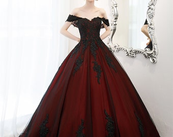 women's dark red and black off the shoulder dress gothic Victorian-Inspired Gothic Black and Red Gothic Dress with Satin Corset  Bodice – Off-Shoulder Ball Gown Plus Size main image 1