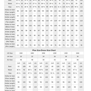 May include: A size chart for dresses, showing measurements in inches and centimeters for bust, waist, hips, and different lengths from hollow to hem. The chart includes sizes 2-16, 16W-26W, and corresponding UK and EU sizes.