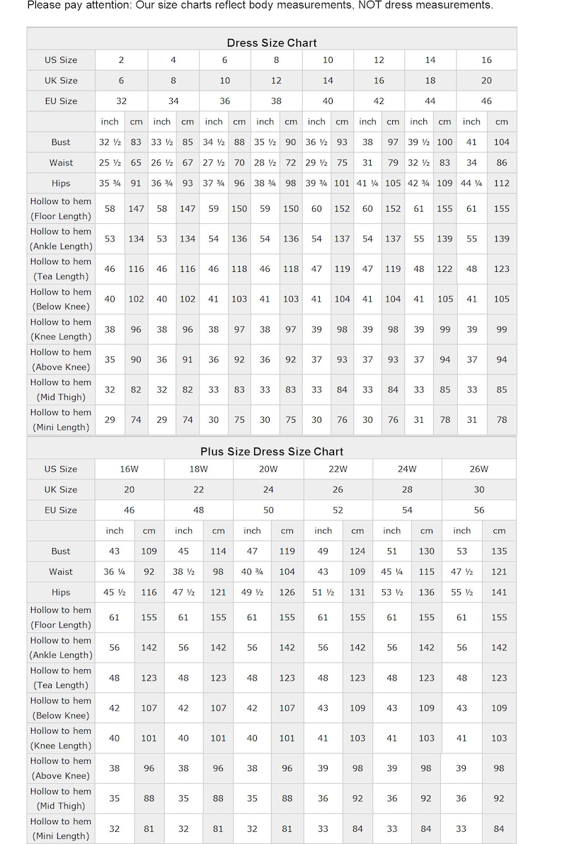 May include: A size chart for dresses, showing measurements in inches and centimeters for bust, waist, hips, and different lengths from hollow to hem. The chart includes sizes 2-16, 16W-26W, and corresponding UK and EU sizes.