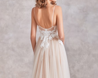 Champagne Blush Deep V Boho Lace Tulle Chiffon Light Weight Strapless Wedding Dress