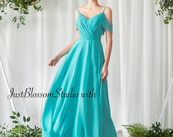Turquoise A-line Cold Shoulder Sleeves Boho Chiffon Prom Bridesmaid Evening Dress-Sale-US Size 4