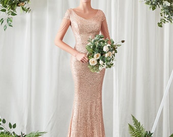 Rose Gold Shinny Sequins Formal Evening Gown, V Neckline, Mother of Bride with Cape Sleeves Floor Length