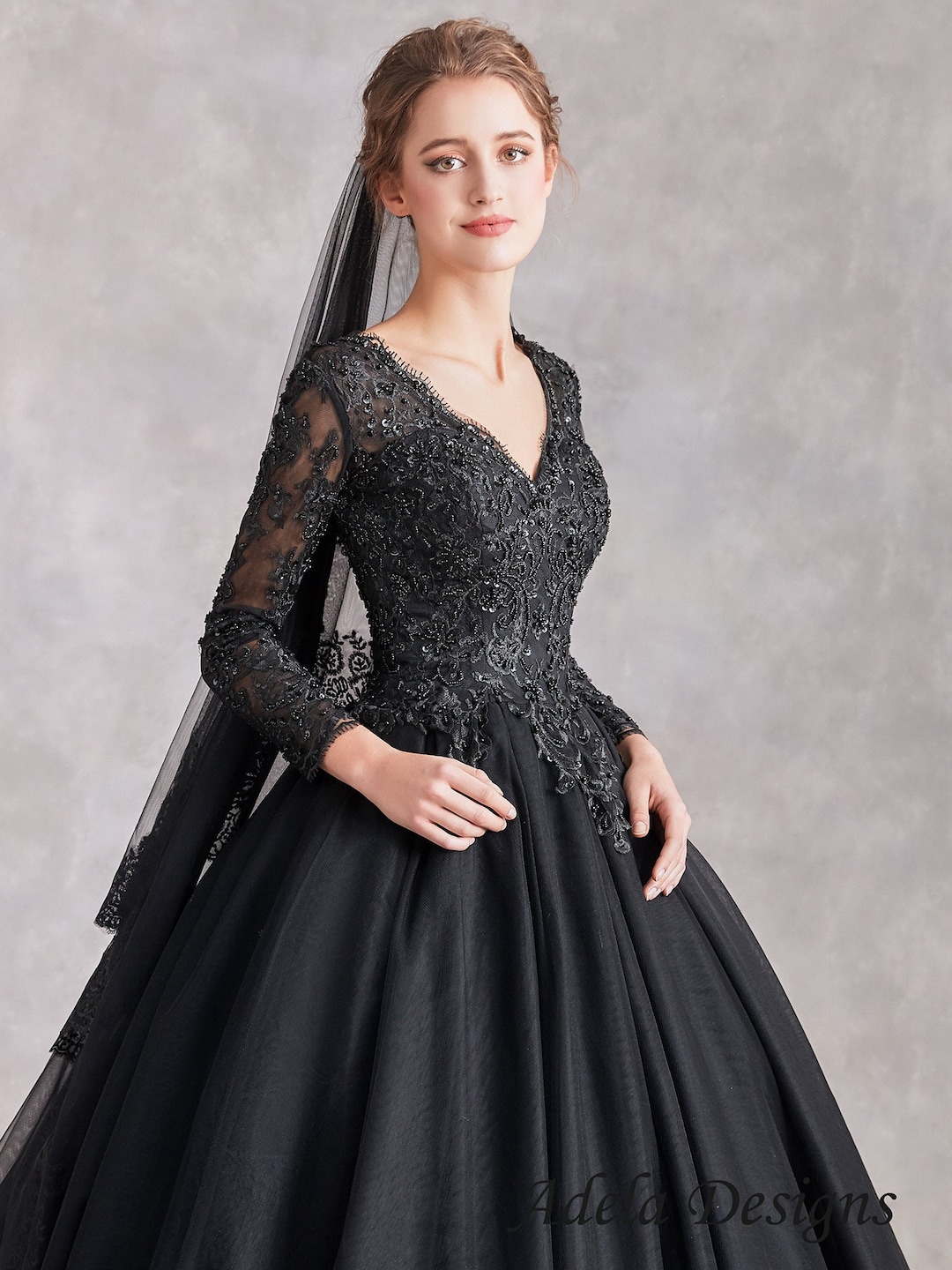 Black Gothic Wedding Dress: V-neck Illusion Lace Long Sleeve Gown - Etsy