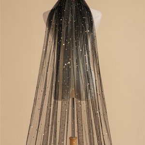 Midnight Simple Black Bridal Long Veil with Sequins