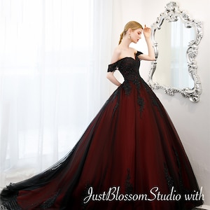 Dark Red Black Gothic Off The Shoulder Open Back Bridal Ball Gown Black / Custom Available