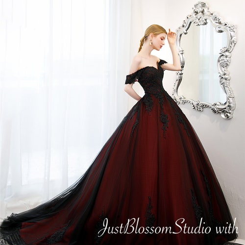 Dark Red Black Gothic off the Shoulder Open Back Bridal Ball Gown Black / Custom Available - Etsy Dark Red Black Gothic off the Shoulder Open Back Bridal Ball Gown Black / Custom Available - Etsy