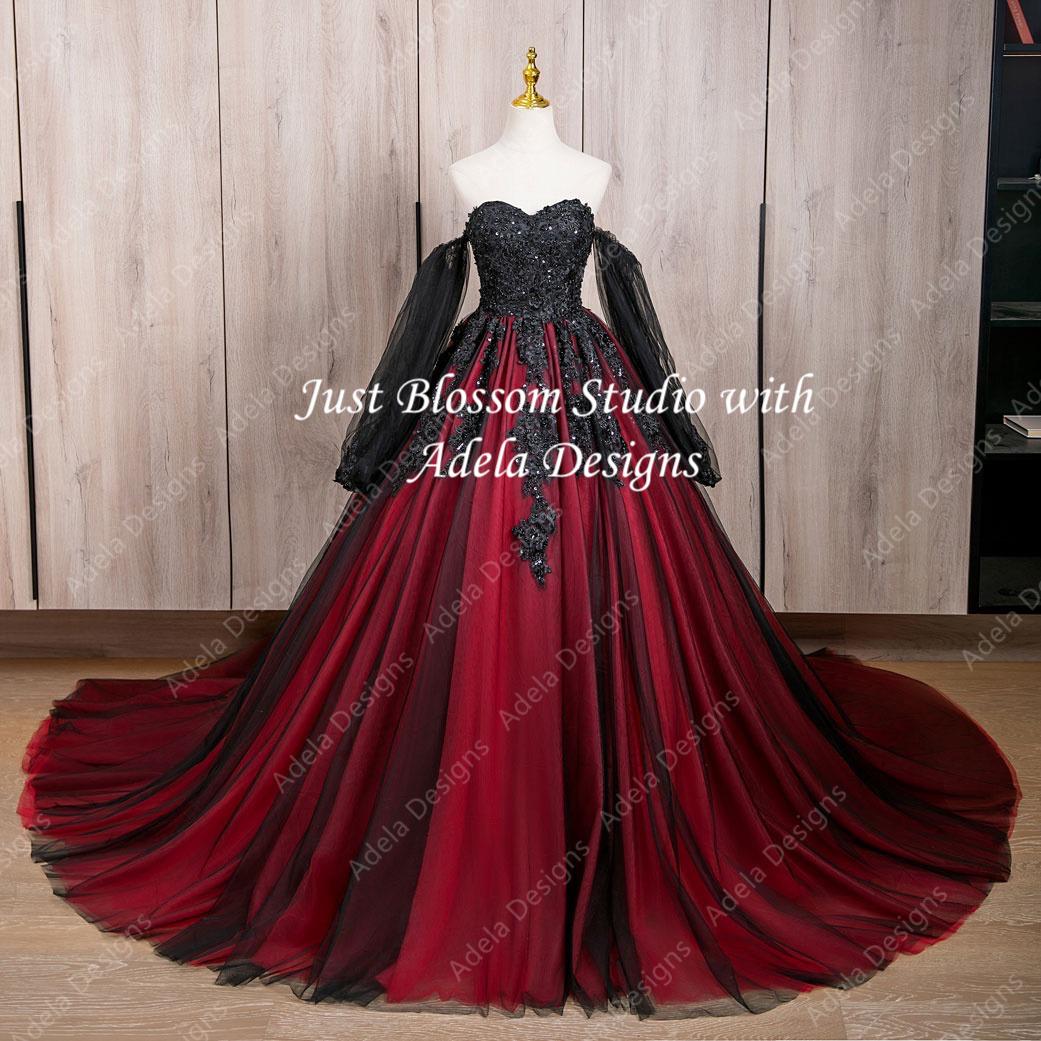 black and red gothic wedding dresses Vintage with 3D Floral Appliques, A-Line Lace, and Detachable Long Sleeves contact Award Gothic Black and Red Wedding