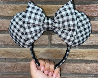 Svartvita Minnie-öron i ginghammönster, Disney-tillbehör, Minnie-öron, Disney-pannband, Minnie Mouse-pannband, Musöron, svart och vitt