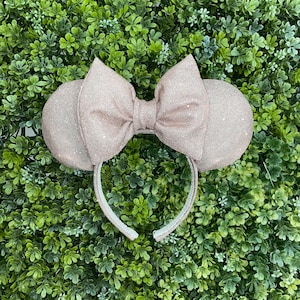Szampańskie błyszczące uszy Myszki Minnie, neutralne uszy Myszki Minnie, uszy Disney, opaska Disney, opaska Myszki Minnie, beżowy, brązowy, jasne uszy Minnie