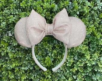 Orejas de Minnie Mouse brillantes color champán, orejas de Minnie en tonos neutros, orejas de Disney, diadema de Disney, diadema de Minnie Mouse, beige, tostado, orejas de Minnie claras