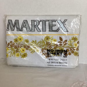 Prześcieradło Martex Twin Flat Sheet Vintage z lat 70., białe, żółte, kwiatowe, nowe, nie wymaga prasowania, muślinowe