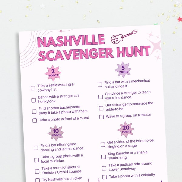 Bachelorette Party in Nashville Scavenger Hunt - Nashville Bachelorette Games | Print at Home Digital Download