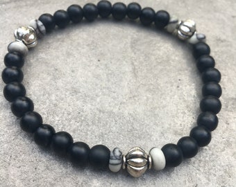 Men's black beaded minimalist bracelet with white/grey sodalite accents and silver spacers 6mm stylish