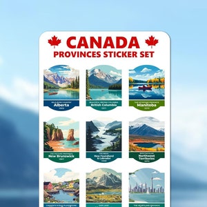 May include: A sticker set featuring colorful illustrations of Canadian provinces. Each sticker depicts a scenic landscape and includes the province's name and founding year. The set also includes a sticker of the Canadian flag.