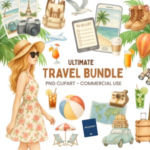 Reise Clipart Aquarell, Urlaub Digitale Aufkleber, Transparentes PNG, Abenteuer, Tropisches Paradies, Heiße Mädchen Sommer, Weltreisende Bundle
