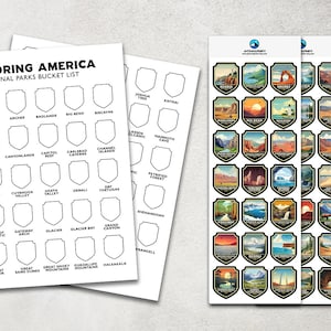 May include: A printable checklist of National Parks in the United States. The checklist is in the shape of a shield and includes the names of the parks. There are also stickers of the National Parks.