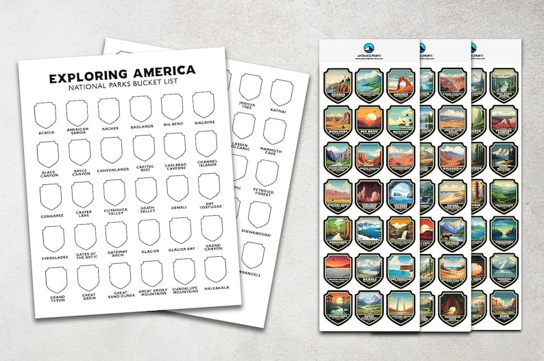 May include: A printable checklist of National Parks in the United States. The checklist is in the shape of a shield and includes the names of the parks. There are also stickers of the National Parks.