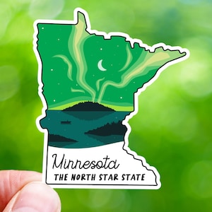 Minnesota Sticker Gift, MN State Sticker, Northern Lights, Durable Vinyl, Travel Souvenir, Gift for Friends, Water Bottle Sticker for Hikers