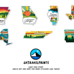 May include: A set of colorful state-shaped stickers with retro designs. The stickers feature illustrations of landmarks and state mottos. The stickers are arranged in a grid pattern on a white background. The text "GOTRAVELPRINTS" is displayed below the stickers.