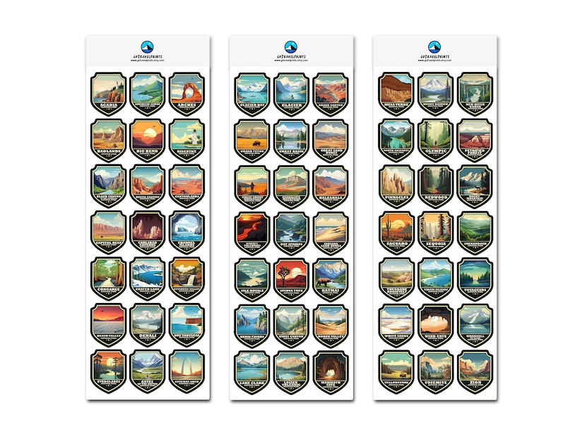 May include: Three sheets of stickers featuring colorful illustrations of national parks. Each sheet has 36 stickers with different park names and landscapes. The stickers are in a shield shape with a black outline.